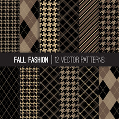 Fall Fashion Textile Patterns in Brown, Taupe Beige and Khaki. Traditional Formal Houndstooth Tweed, Tartan Plaid, Stripes and Argyle. Pattern Tile Swatches Included.