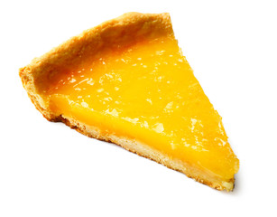 Tasty slice of lemon tart on white background