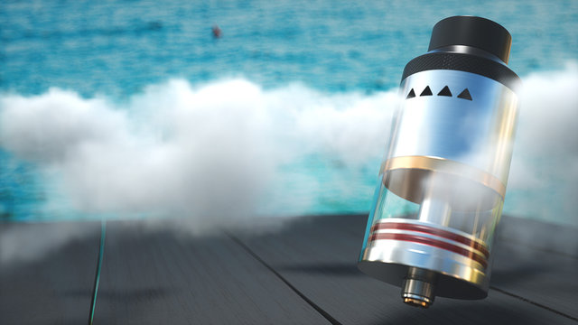 Rebuildable dripping atomizer in vape clouds. 3d render