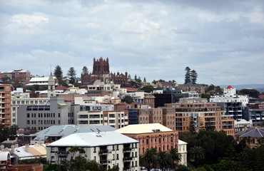 Panoramic view of Newcastle from Fort Scratchley (NSW, Australia). Christ Church Cathedral in the background on the left side, Hunter River on the right side.