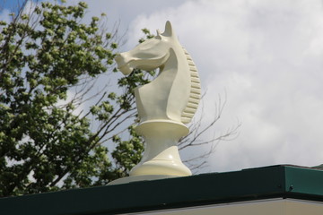 Roof, green, leaves, tree, horse, chess, decoration, unusual, big, white, statue, dragon, thailand, sculpture