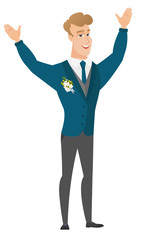 Successful caucasian groom jumping.