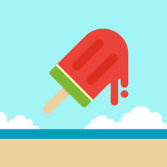 Watermelon ice cream with beach background, summer holiday concept
