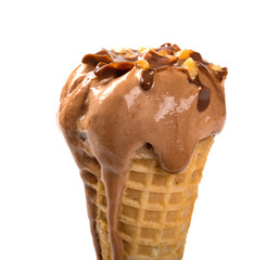 chocolate flavor ice cream cone melting close up on a white background