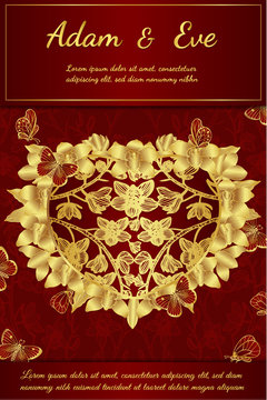 Butterfly with orchids invitation card by hand drawing.Butterfly and gold flower on red background.Red greeting card of chinese style.Butterfly with gold vine vector on red background.