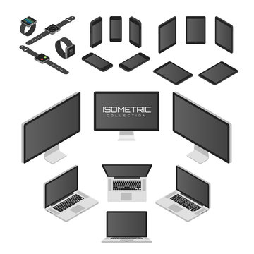 Set of Mobile phone, smart watch, tablet, laptop, computer from four sides icon set vector graphic illustration. Isometric view of the front, back, right, left and top