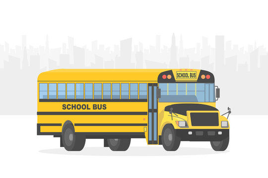Vector yellow school bus on white city background