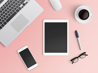 Modern office desk workplace with notebook, smartphone, pen, tablet and coffee cup copy space on color background. Top view. Flat lay style.