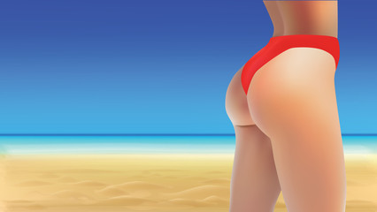 Perfect woman ass and legs in pink panties on a beach background seaside view, vector eps10 illustration