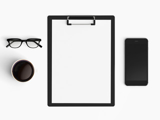 Minimal office desk workplace with blank paper, coffee cup, smartphone and pen copy space on color background. Top view. Flat lay style.