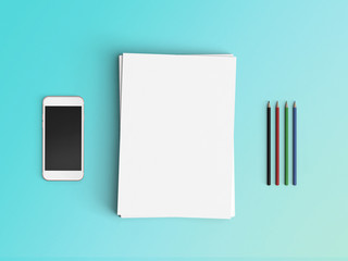 Minimal office desk workplace with blank paper, smartphone, pencil and pen copy space on color background. Top view. Flat lay style.