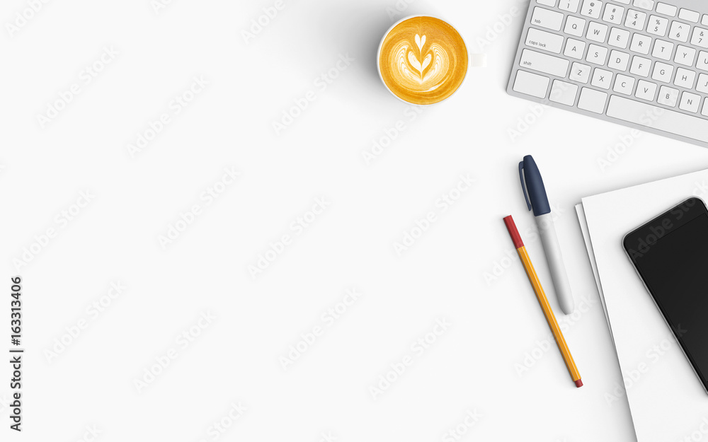 Aufkleber modern workspace with keyboard, coffee cup and smartphone copy space on color background. top view. 