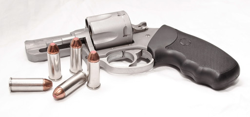 Unloaded stainless 44 spl snub nosed revolver
