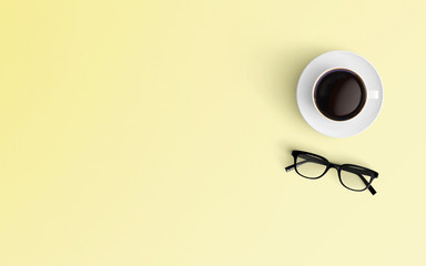 Modern workspace with coffee cup and eyeglasses copy space on color background. Top view. Flat lay style.