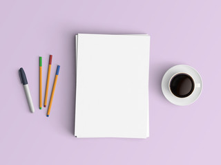 Minimal office desk workplace with blank paper, coffee cup and pen copy space on color background. Top view. Flat lay style.
