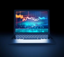 technical financial graph on laptop screen 3d illustration