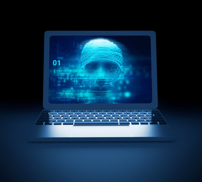 blue digital cyber hacker on laptop screen 3d illustration