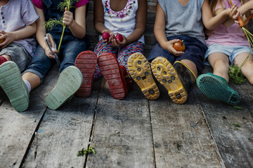 Group of kindergarten kids little farmers learning gardening
