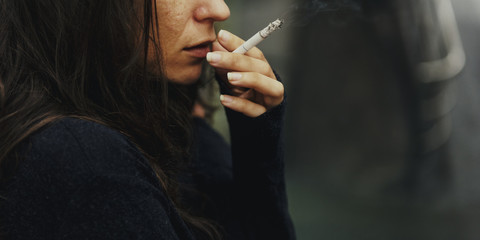 Homeless Adult Woman Smoking Cigarette Addiction - obrazy, fototapety, plakaty