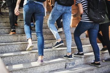 Students walking up on staircase