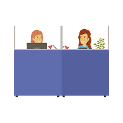 silhouette color cubicles workplace office with female employees vector illustration