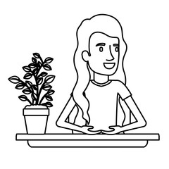 black silhouette closeup half body woman assistant in desk with long wavy hair vector illustration