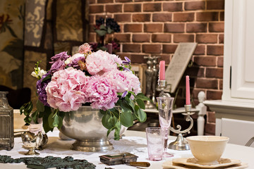 Hydrangeas. A beautiful bouquet on the table.