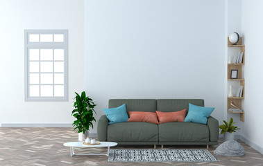 green sofa in the living room 3D Rendering,in front of clean wall and furniture interior design