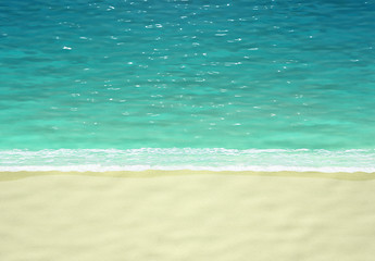 Fototapeta na wymiar Turquoise sea and sand beach, top view