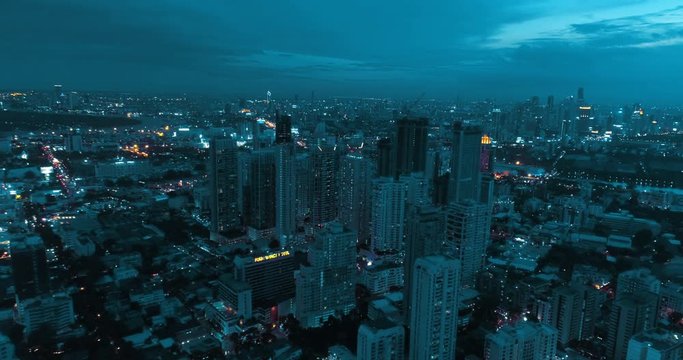 Aerial drone view of Bangkok during beautiful cloudy night