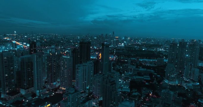 Aerial drone view of Bangkok during beautiful cloudy night