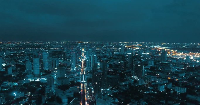 Aerial drone view of Bangkok during beautiful cloudy night