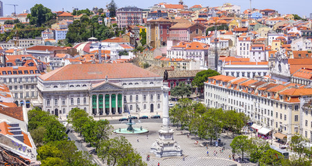 Aerial view over Dom Pedro Square in Lisbon Rossio with National Theater