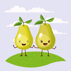 color scene set sky landscape and grass with couple expressive gesture pear fruits kawaii holding hands vector illustration