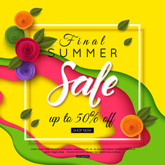 Summer sale background banner with beautiful flower. Paper style. Vector illustration.