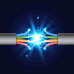 Four-core Electric cable break with electric spark. Vector illustration.