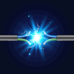 Three-core Electric cable break with electric spark. Vector illustration.