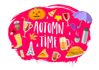 Vector hand drawn trendy colorful  autumn emblem with lettering "Autumn time" and season symbols. For labs, stickers, posters.