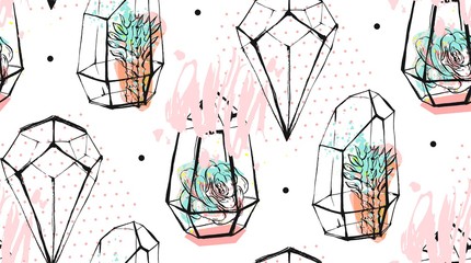 Hand getekende vector abstracte naadloze patroon met ruwe terrarium en succulenten in pastel kleur geïsoleerd op een witte achtergrond. Ontwerp voor decoratie, mode, stof, bewaar deze datum