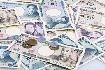 Stack of Japanese currency yen or Japanese banknotes