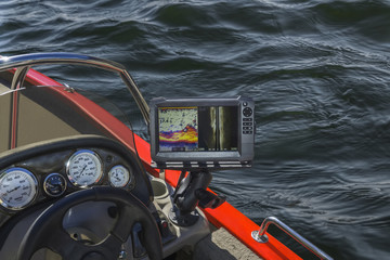 Fishing sonar (echolot) at the boat - obrazy, fototapety, plakaty