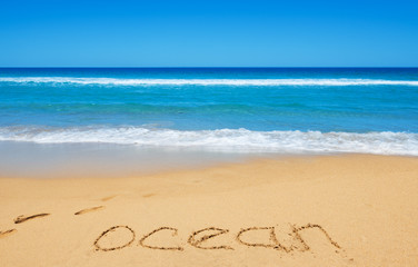 Fototapeta na wymiar Ocean message on the beach sand