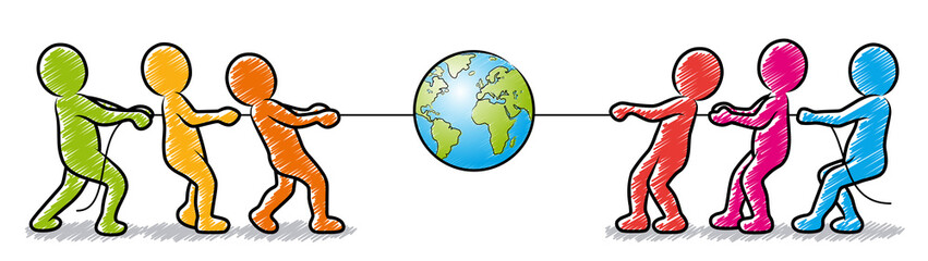 Wettbewerb: Eine Gruppe farbiger Strichmännchen beim Tauziehen um die Erdkugel / schraffiert, Vektor, freigestellt