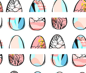 Hand drawn vector abstract creative universal Happy Easter seamless pattern design element with Easter eggs in pastel colors isolated on white background.Spring unusual graphic decoration