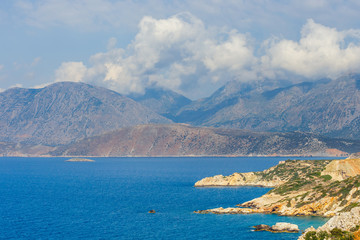 Fototapeta na wymiar Beautiful greek seascape at sunny day. Place of north Crete, east of Agios Nikolaos