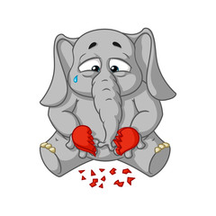 Elephant. Character. Broken heart in his hands. Big collection of isolated elephants. Vector, cartoon.