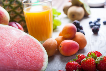 Watermelon, strawberries and apricots