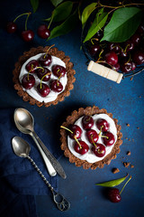 Chocolate tarts with cream and fresh berries of sweet cherry on a dark concrete background. Selective focus.Top view.