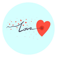 Hand drawn love symbol with love word arrow piercing red heart. Cute love emotion sign for print, valentine day greeting cards, marriage cards, banners