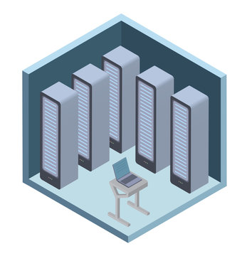 Data center icon, server room. Vector illustration in isometric projection, isolated on white background.